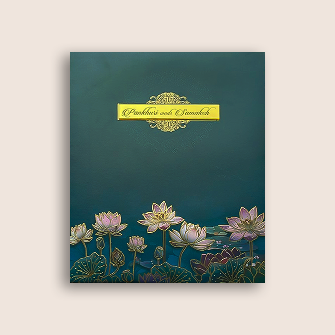 Blue Padded Lotus Wedding Card - KAK01350
