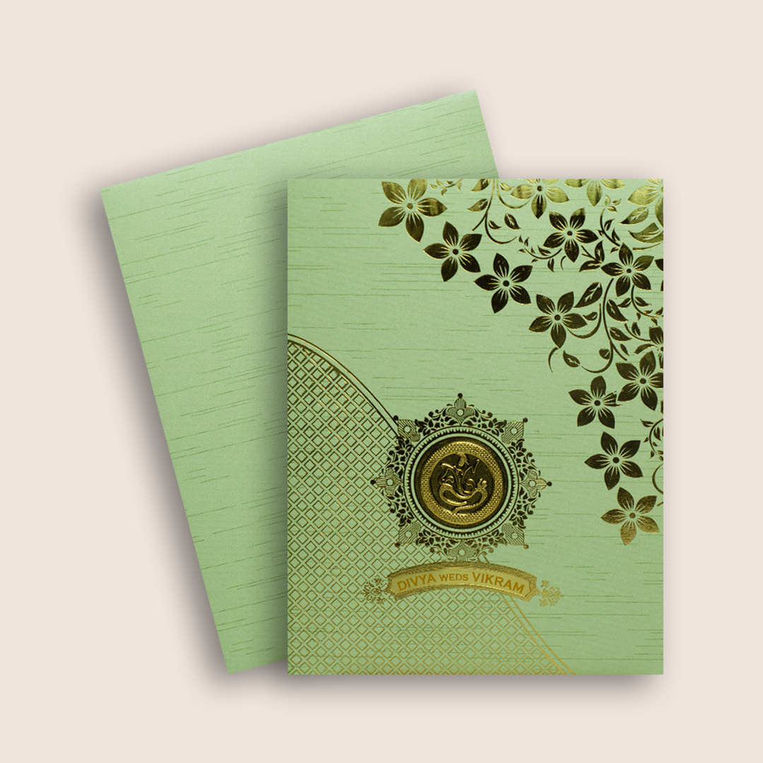 Pastel Green Floral Ganesha Wedding Card - KNRM7082N