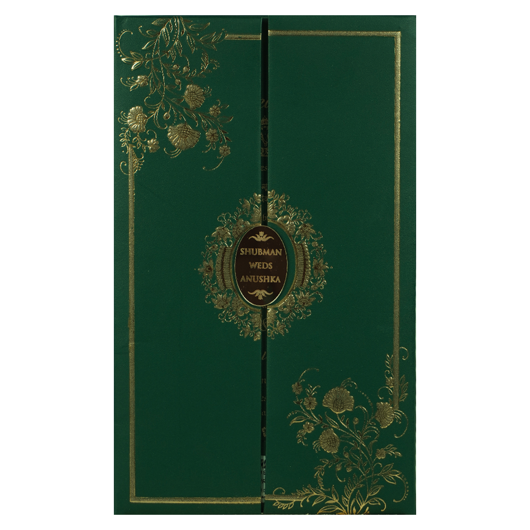 Green Gold Floral Padded Wedding Card-KRB09340