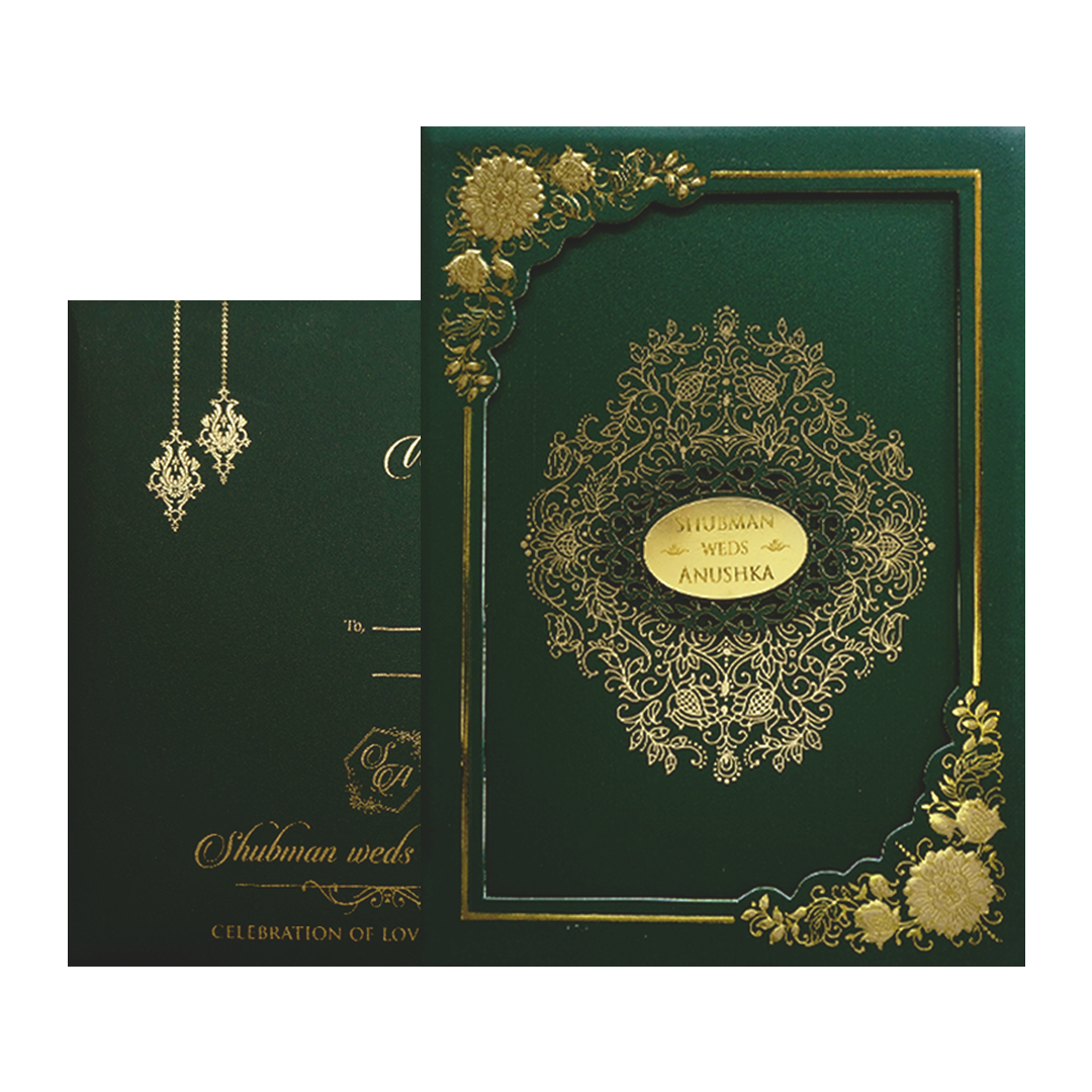 Royal Green Floral PaddedWedding Card-KRB09672