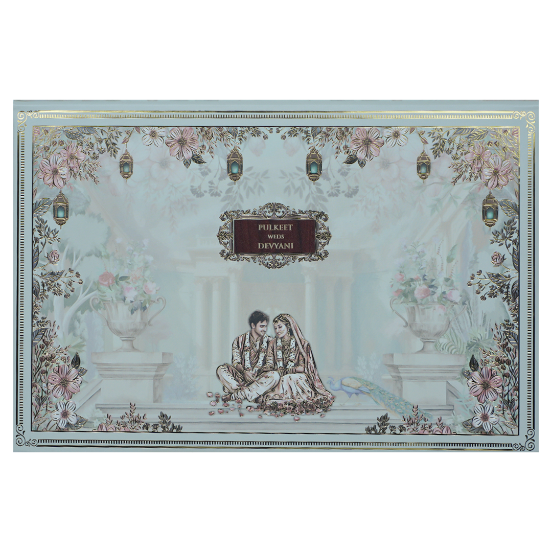 Blue Couple Floral Padded Wedding Card-KJTS1827