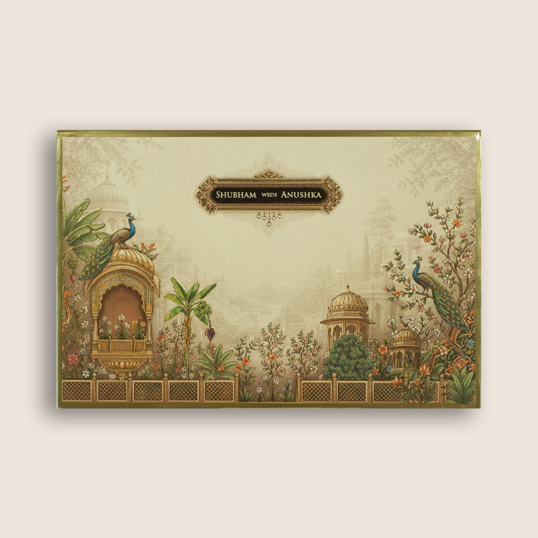 Beige Embossed Jharokha Padded Wedding Invitation - KSH18080