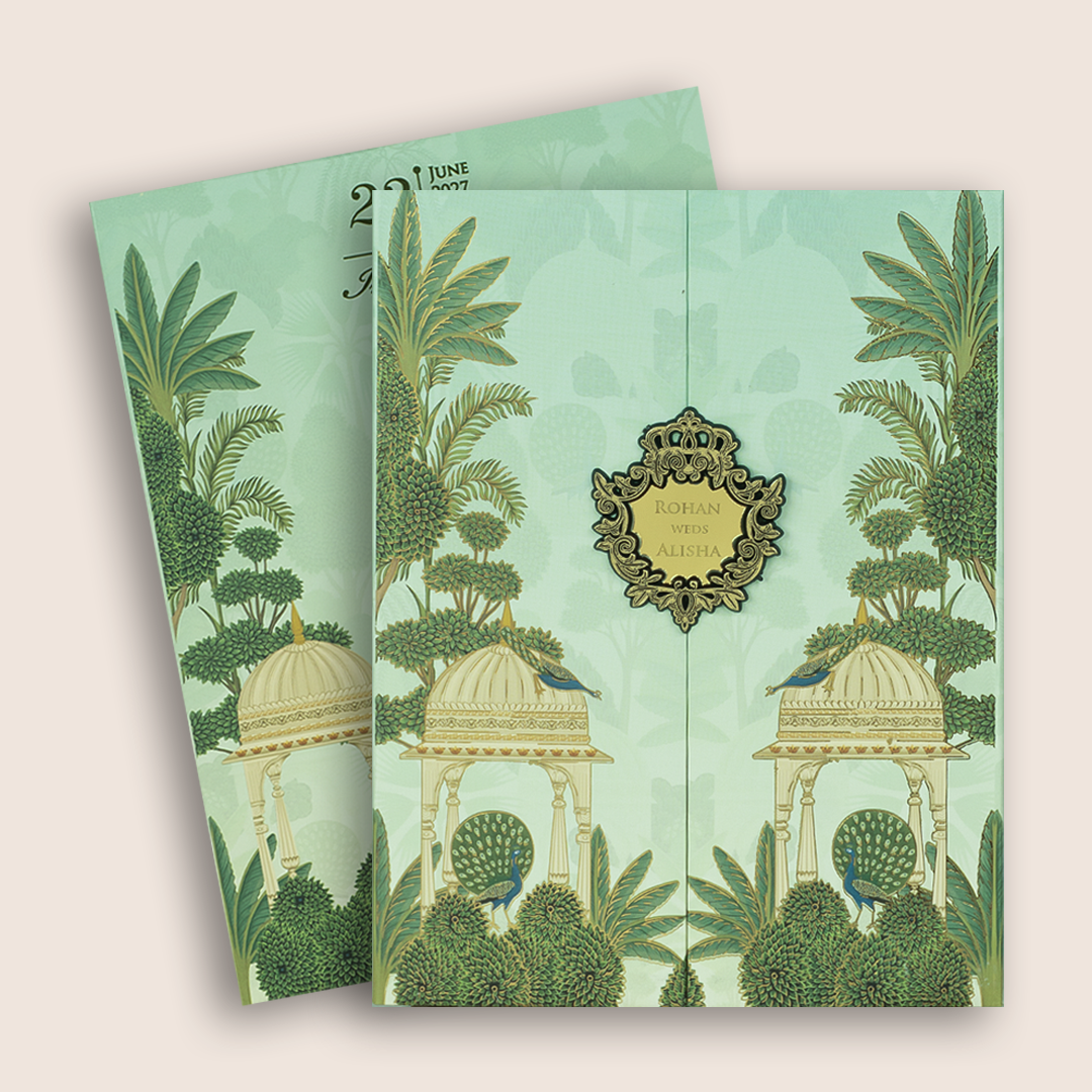 Pastel Green Jharokha Door Style Padded Wedding Card - KFR16420