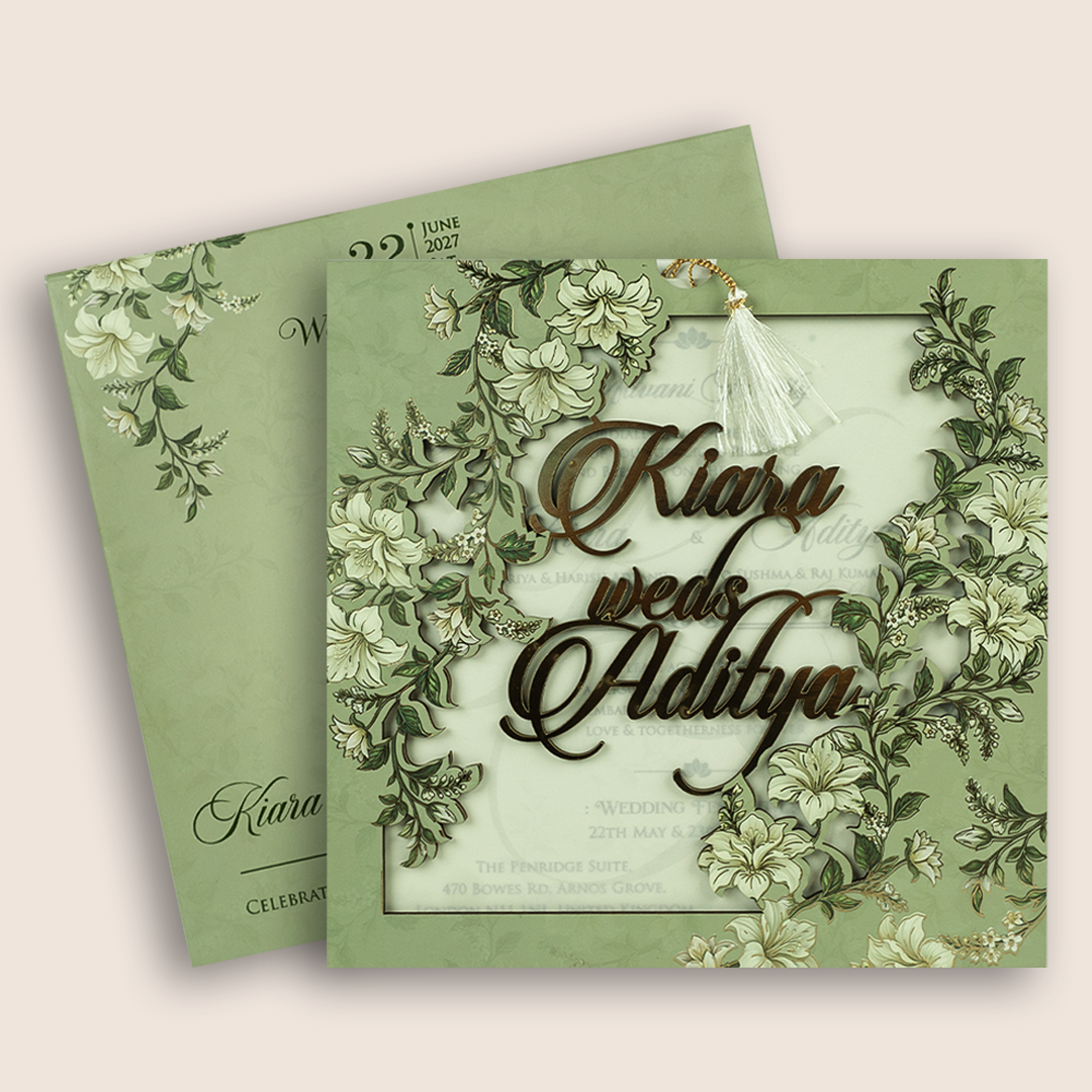 Green Lilly Flower MDF Laser Cut Wedding Card - KFR17120
