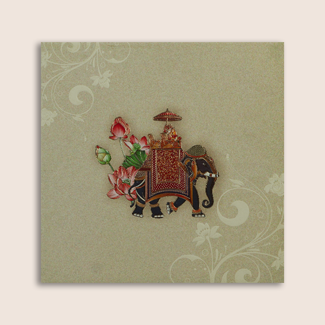 Grey Floral Elephant Padded Invitation Card - KPR023350