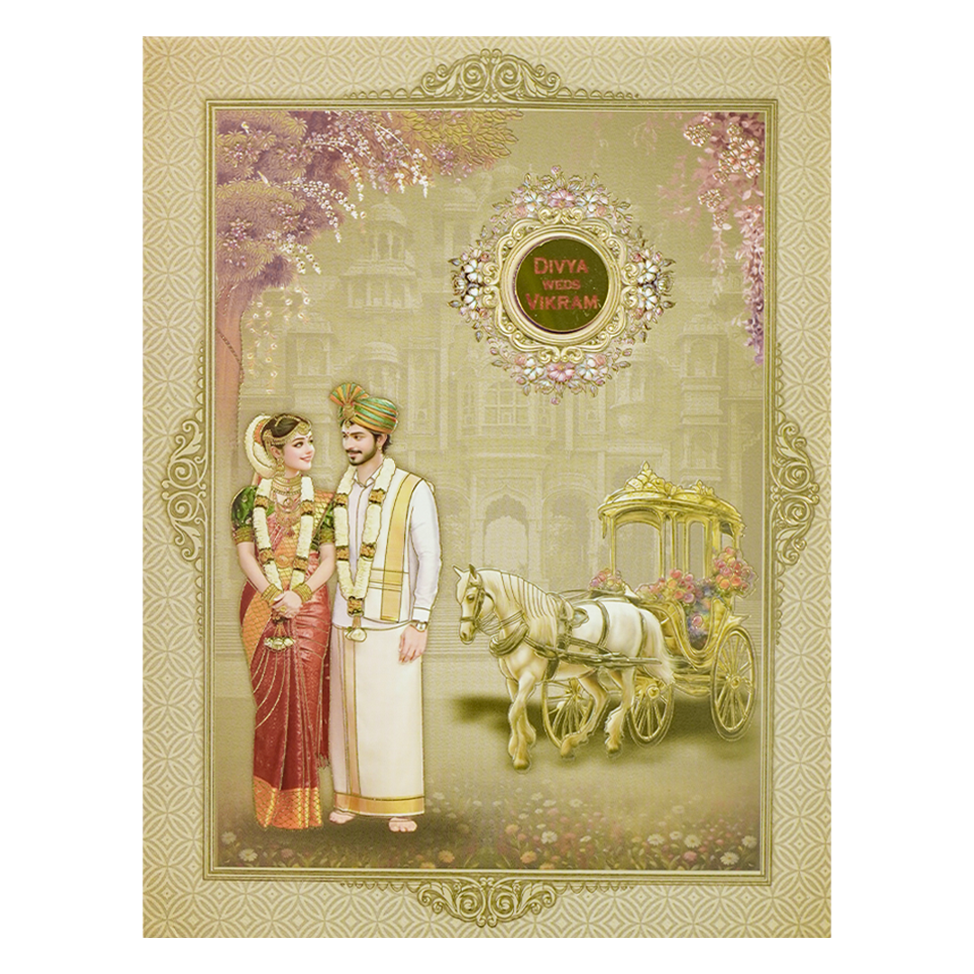 Royal Chariot Couple Padded Wedding Card-KNMO9312