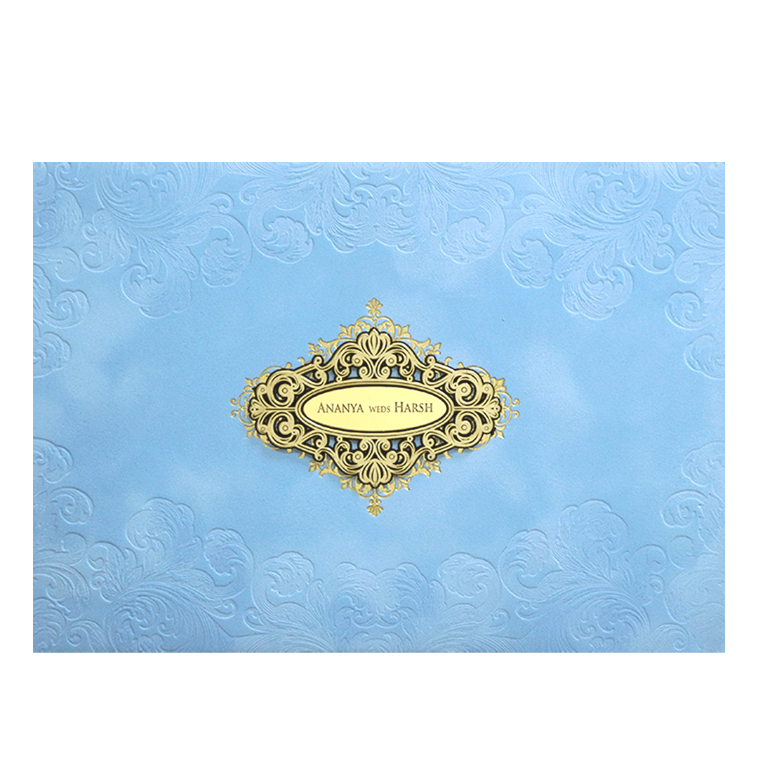 Light Blue Gold ornate Padded Wedding Card -KMMWD1138