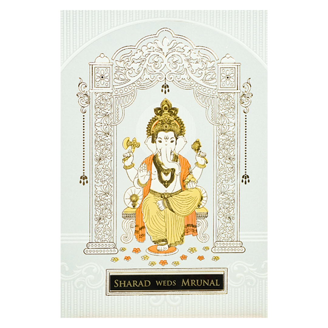 White Ganesha Arch Wedding card-KRE28630