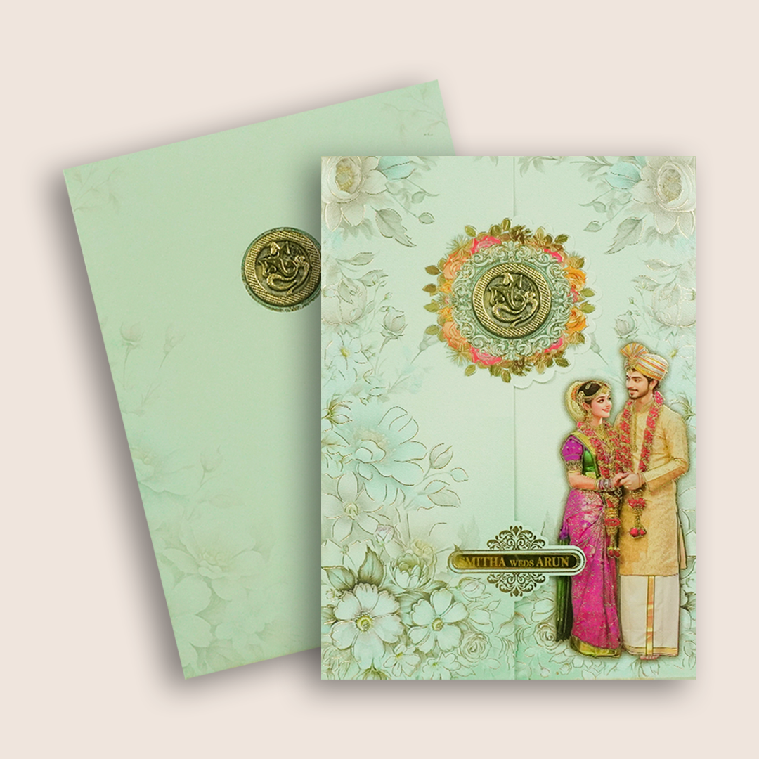 Blue South Indian Bride Groom Wedding Card - KNAR2404