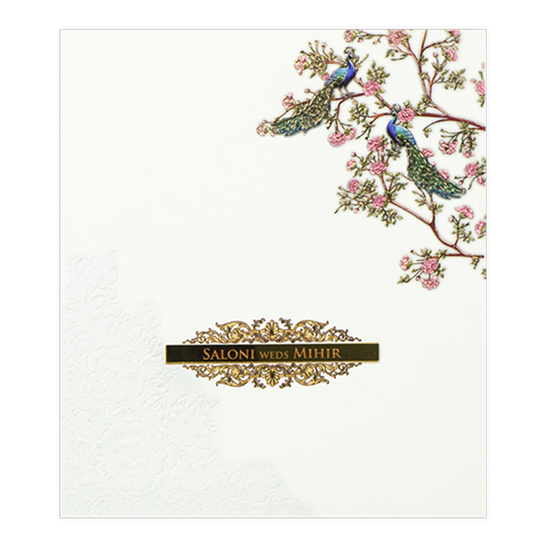 White Padded Floral Peacock Wedding Card - KPR25120