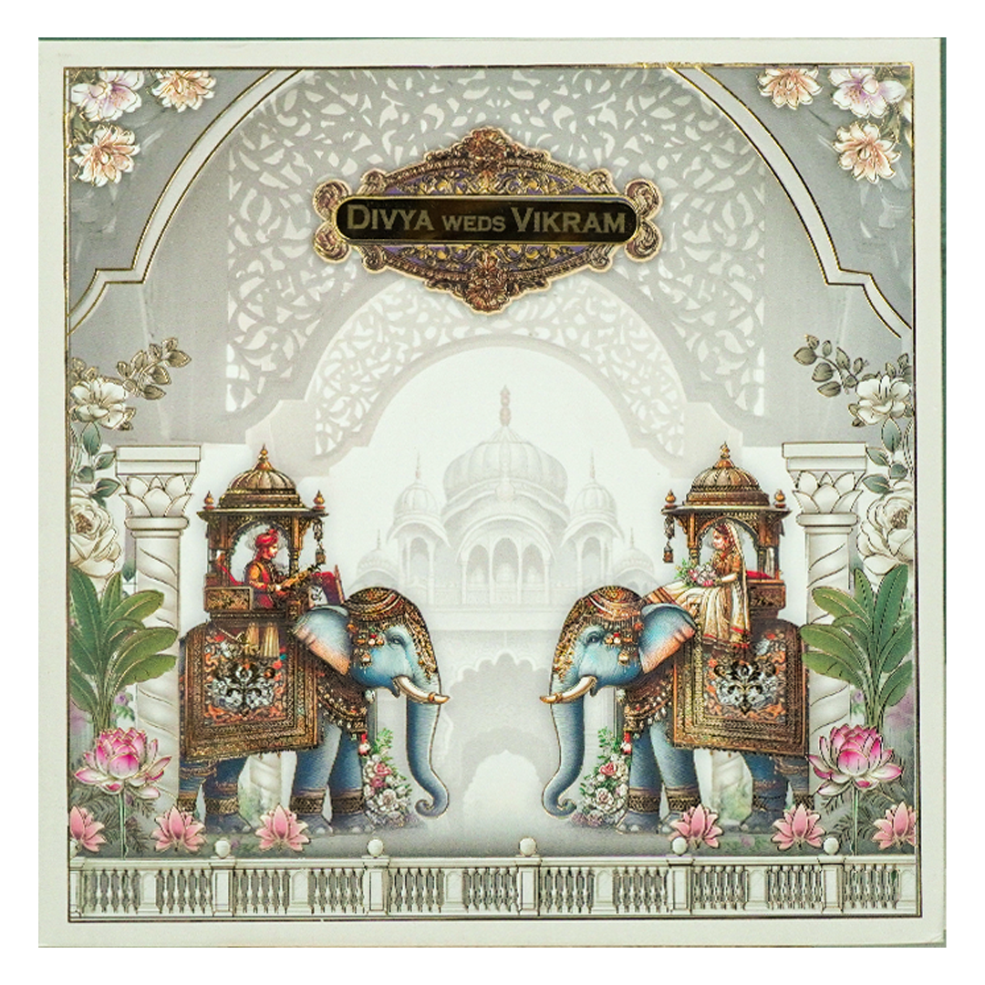 Grey Padded Royal Elephant Wedding Card-KNPO5571C