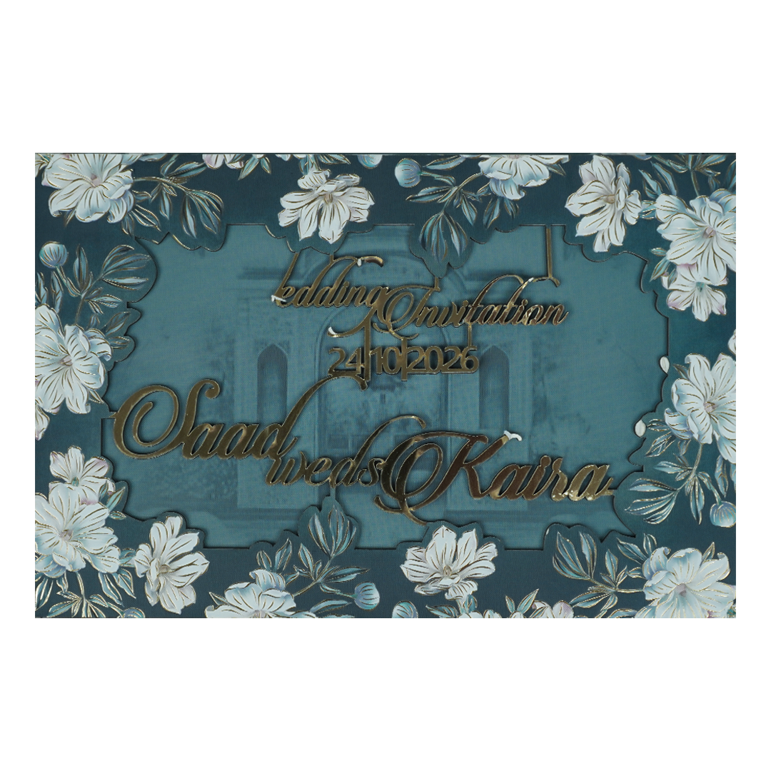 Check out this Blue Floral Foiled Script Wedding Card at best price.✅WhatsApp Support ✅Express Delivery.|King of cards.