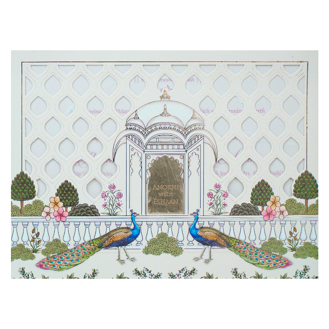 Cream Peacock Laser Cut Wedding Card-KJTS3682