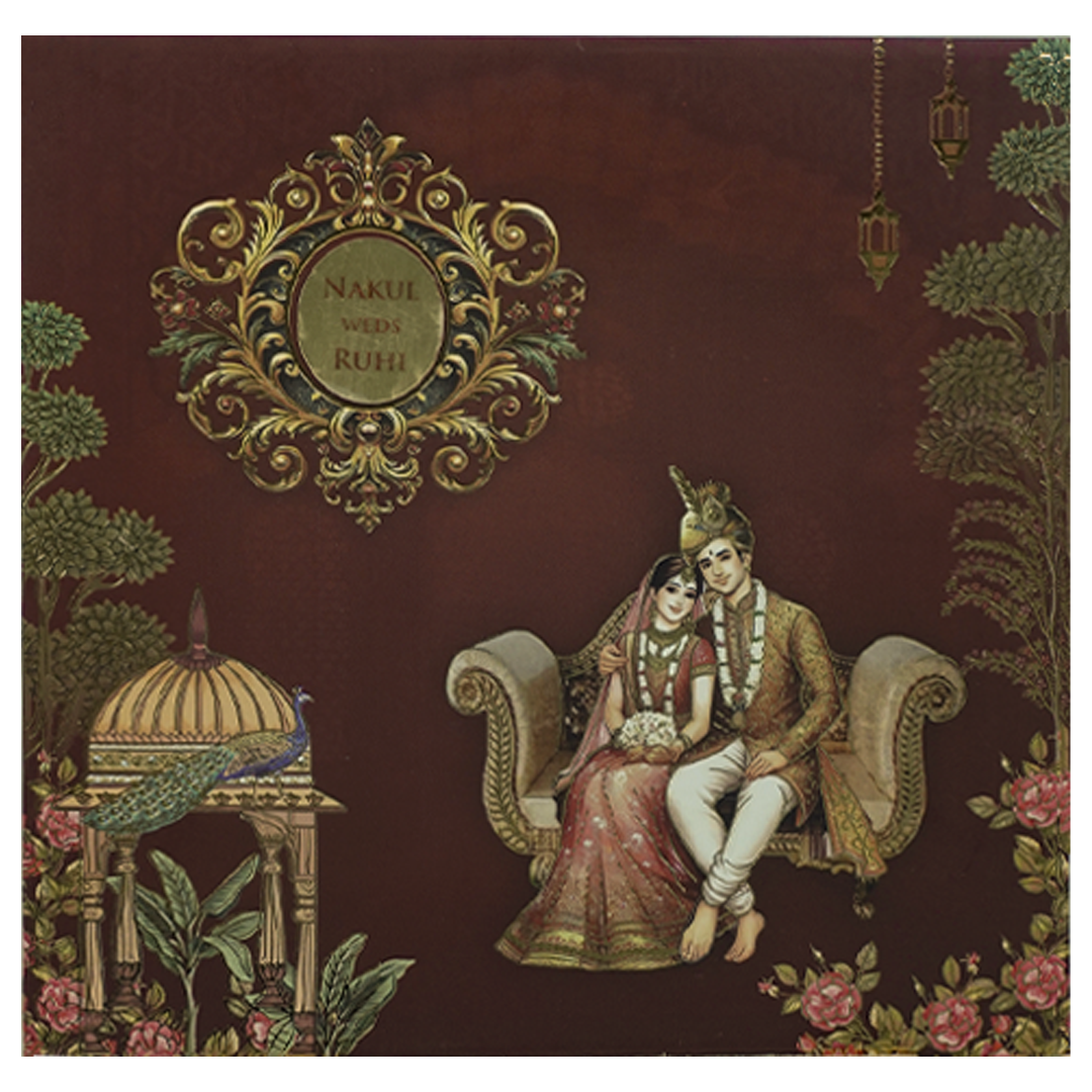 Brown Royal Couple Padded Wedding Card-KRE27940