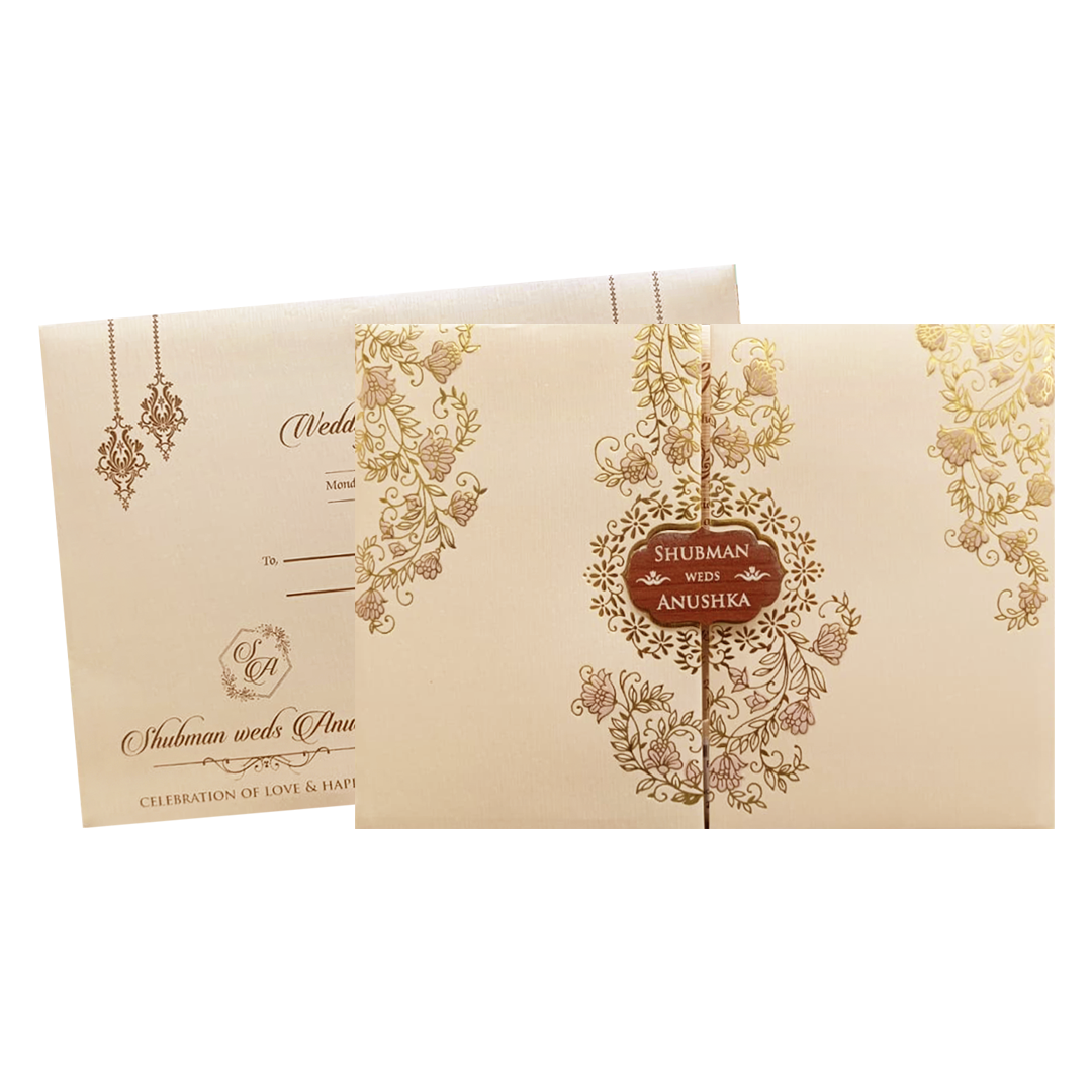 Ivory Padded Embossed Floral Wedding Invitation Card-KRB09710