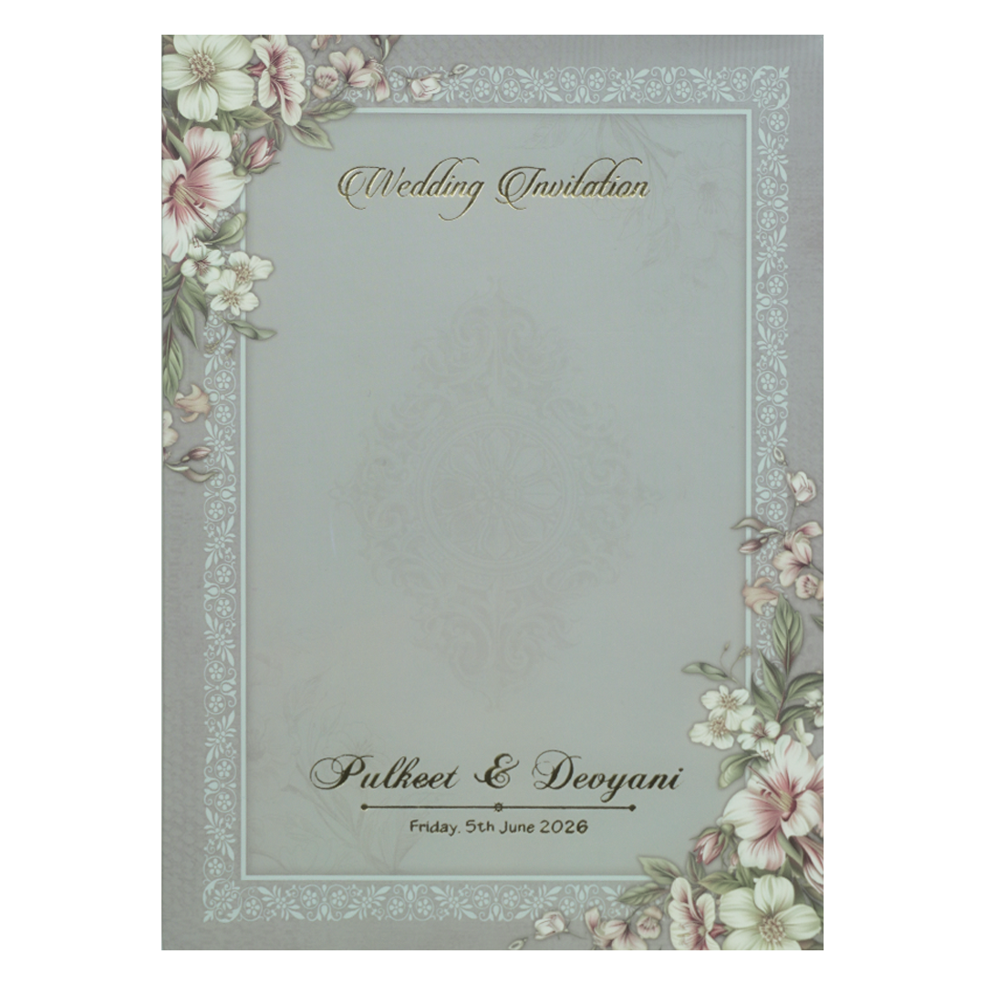 Grey Floral Border Padded Wedding Card-KJTS1814