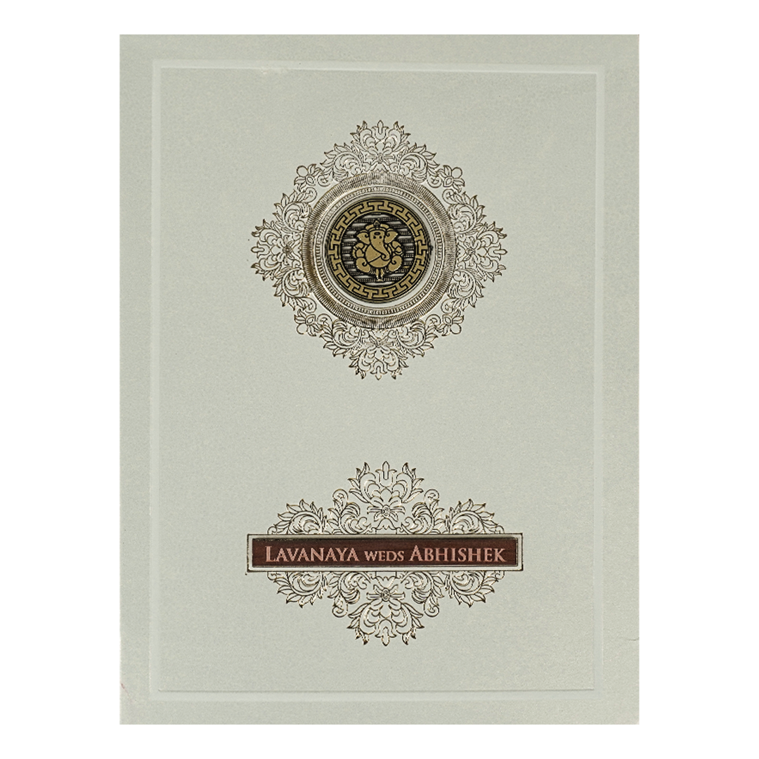 White Padded Ganesha Floral Premium Wedding Card-KRE26860