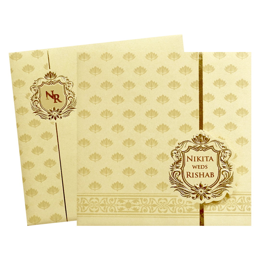 Ivory Gold Lotus Pattern Wedding Invitation Card-KPR06200