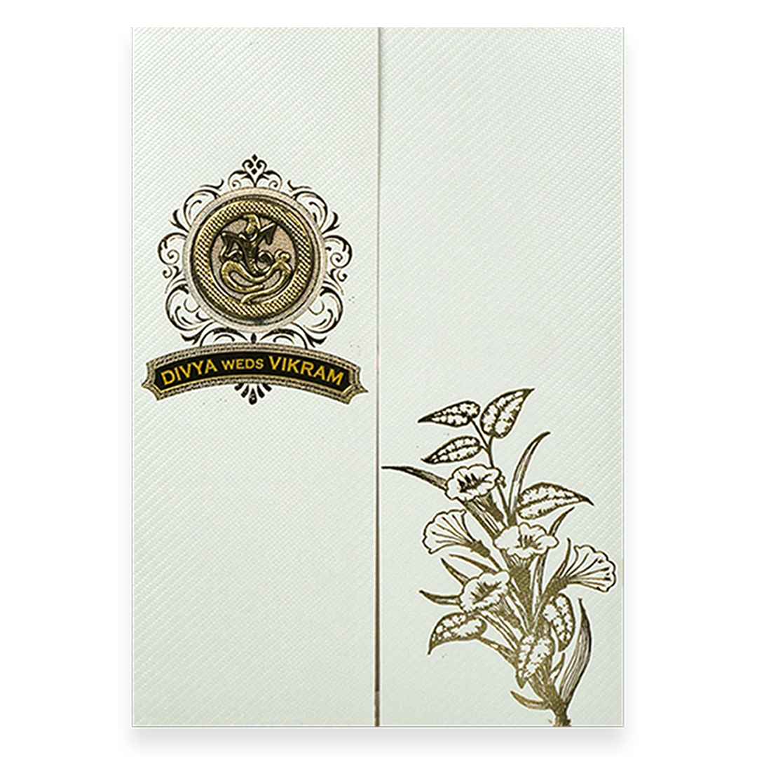 White Ganesha Floral Wedding Card-KNKTW047