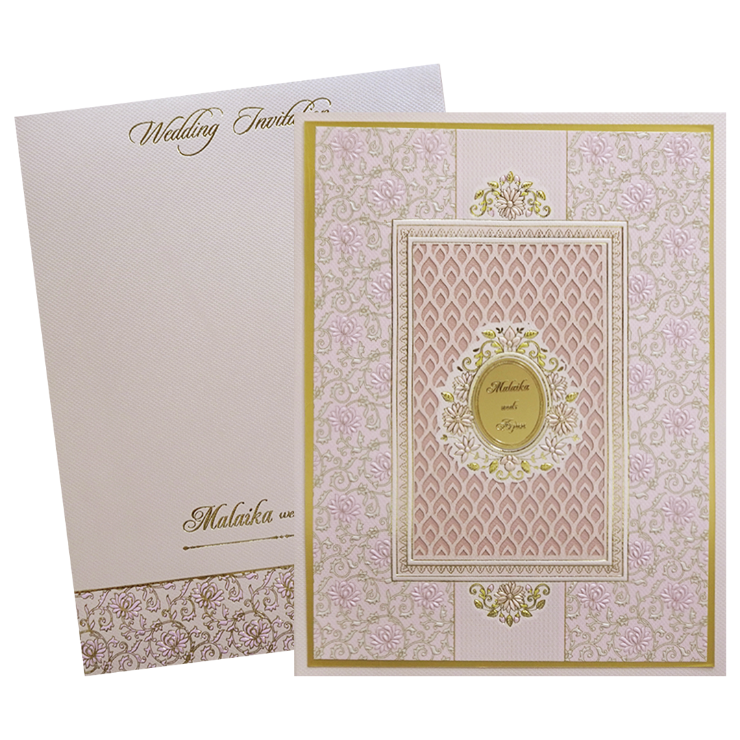 Pink Cream Floral Embossed Laser Cut Padded Wedding Card - KMMEX8280