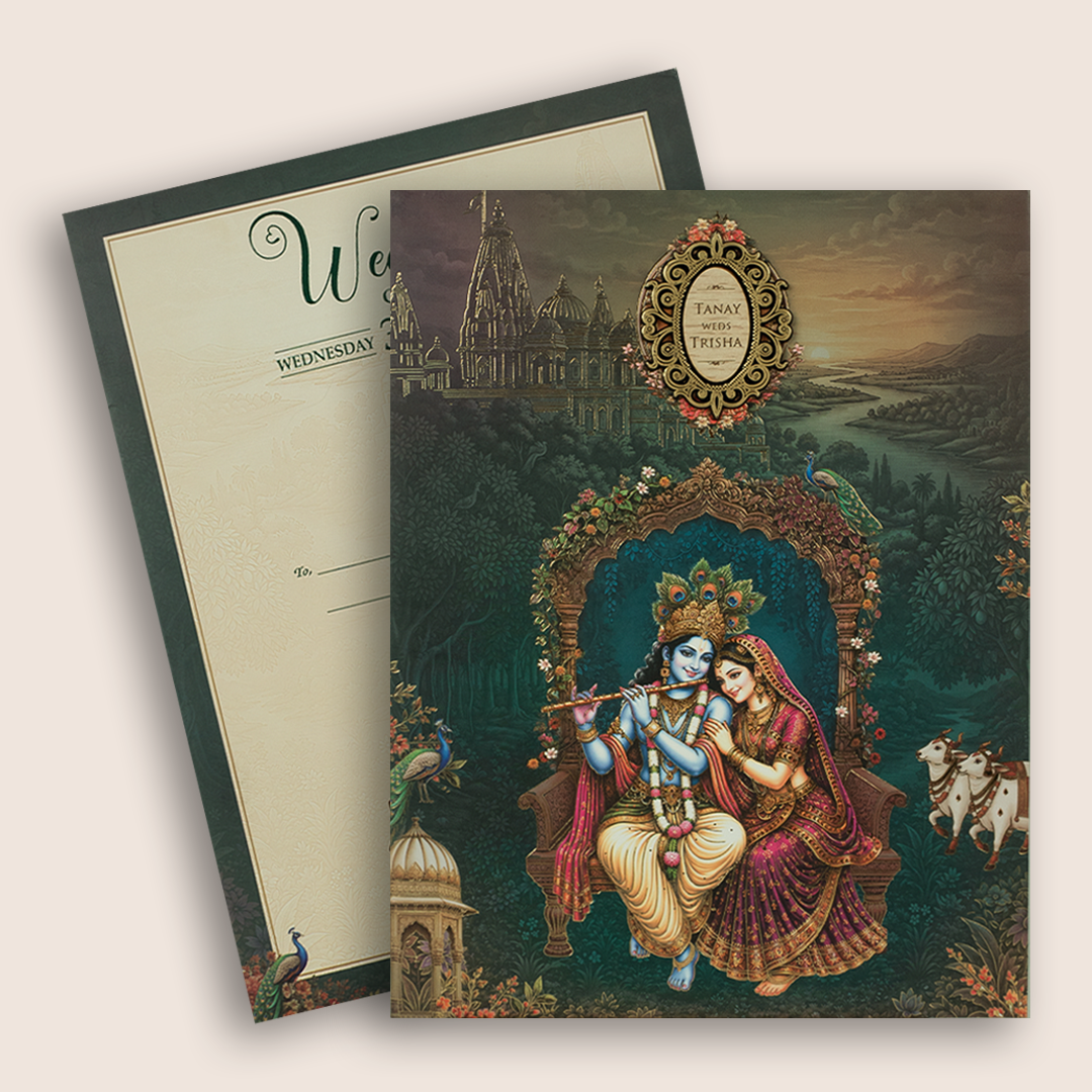 Teal Blue Radha Krishna Padded Wedding Invitation - KSH18360