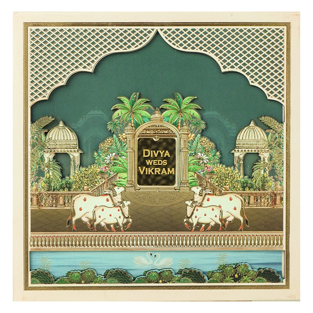 Navy Blue Kamadhenu Cow Padded Wedding Card-KNAM4901