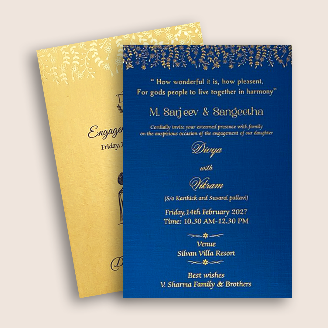 Gold Blue Single Sheet Wedding Card - KNS035BG