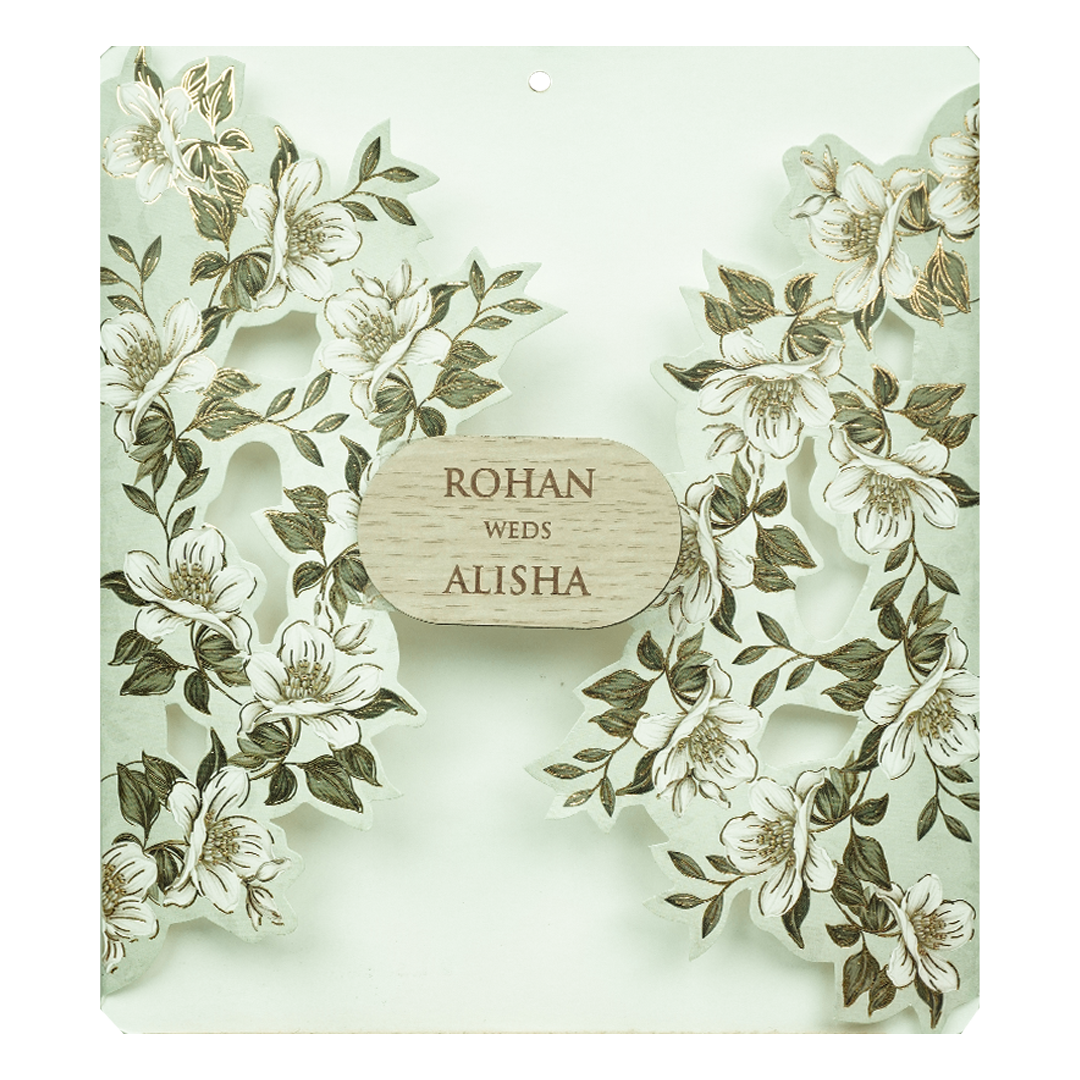 Mint Green White Floral Laser Cut Wedding Card-KFR16170
