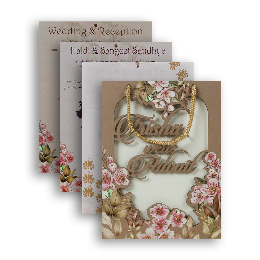 Brown Floral MDF Bag Style Marriage Invitation - KVN06360