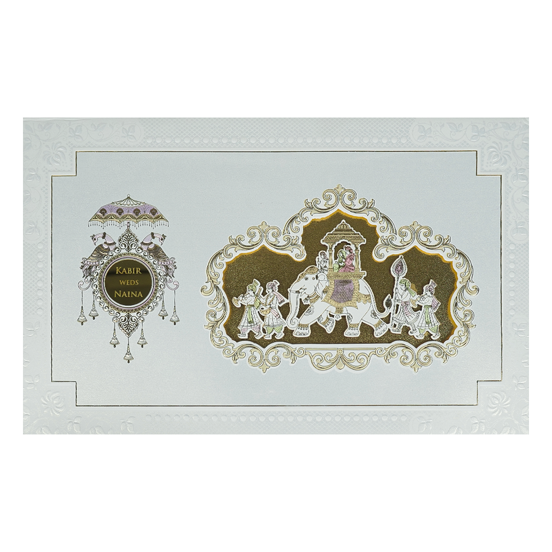 Check out White Gold Barat Padded Wedding Card at best price.WhatsApp Support|Express Delivery|King of cards.