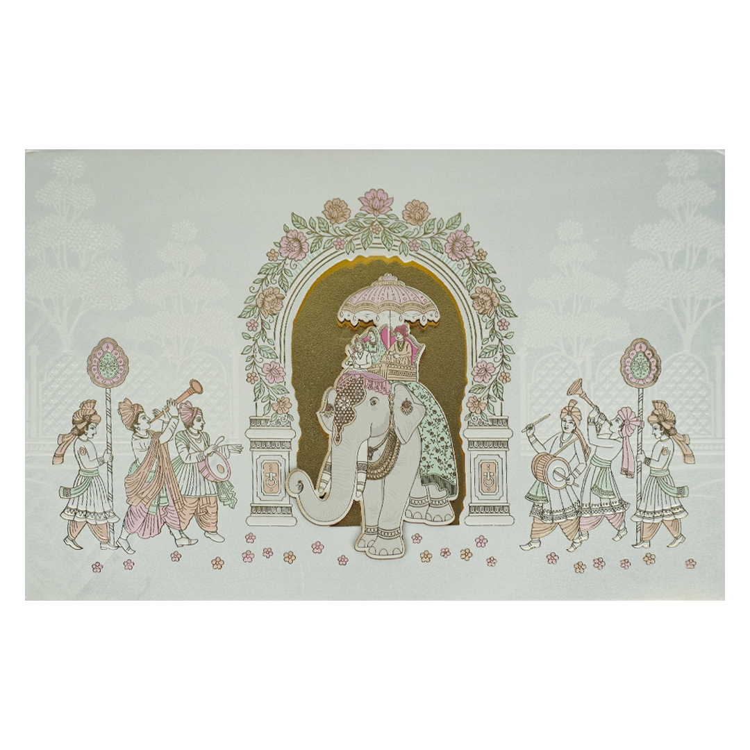 Check out White Gold Floral Barat Padded Wedding Card at best price.WhatsApp Support|Express Delivery.