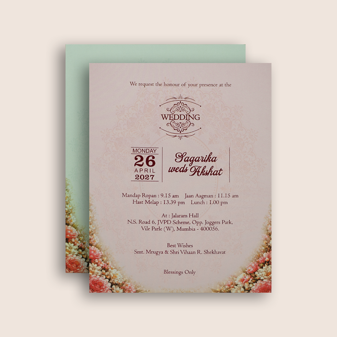 Peach Floral Door Style Padded Wedding Card - KPR07310