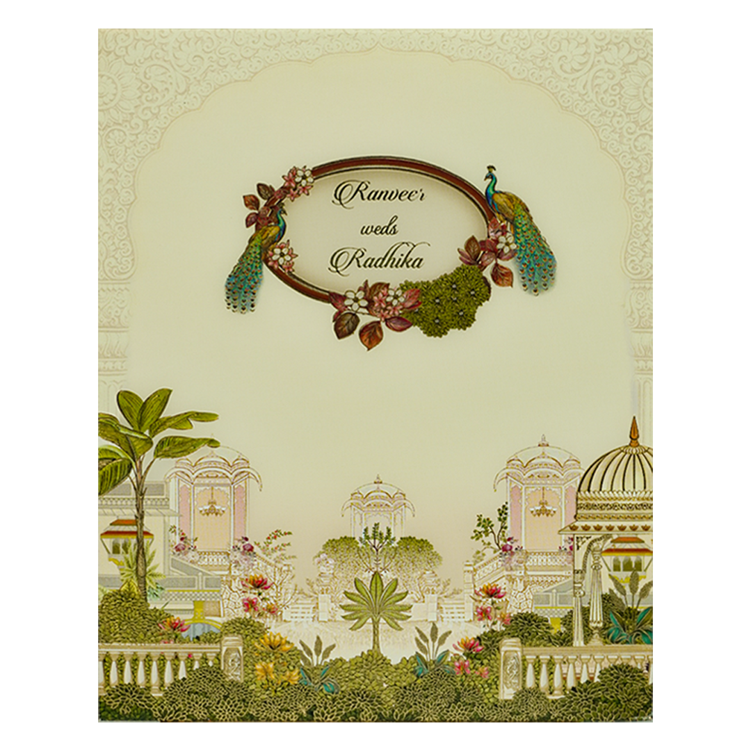 Cream Peacock Jharokha Padded Premium Wedding Card - KAK01370