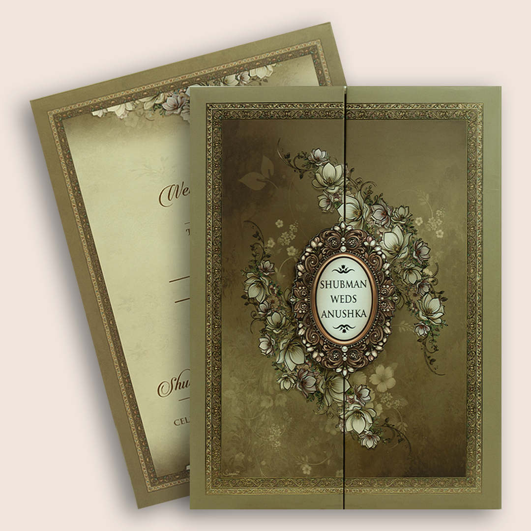 Olive Green Floral Padded Door Style Wedding Card - KRB10660