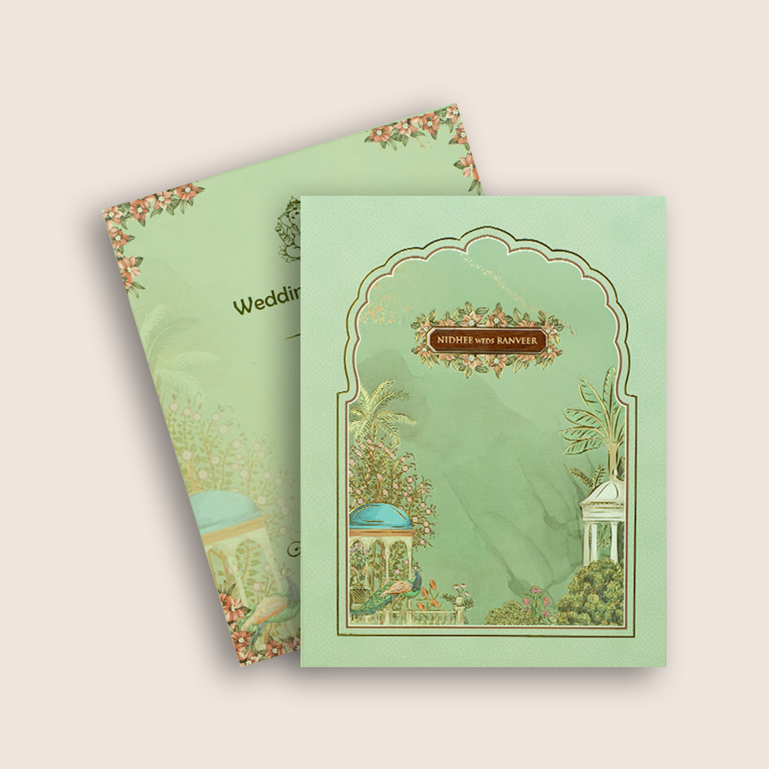 Green Floral Peacock Padded Wedding Card - KVN07710