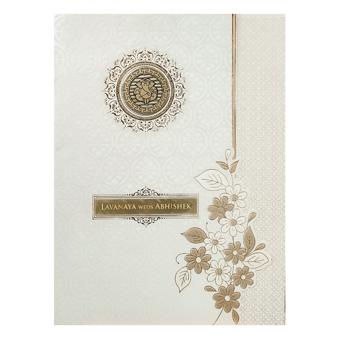 Check out White Embossed Monogram Floral Wedding Card at best price.WhatsApp Support|Express Delivery|King of cards.