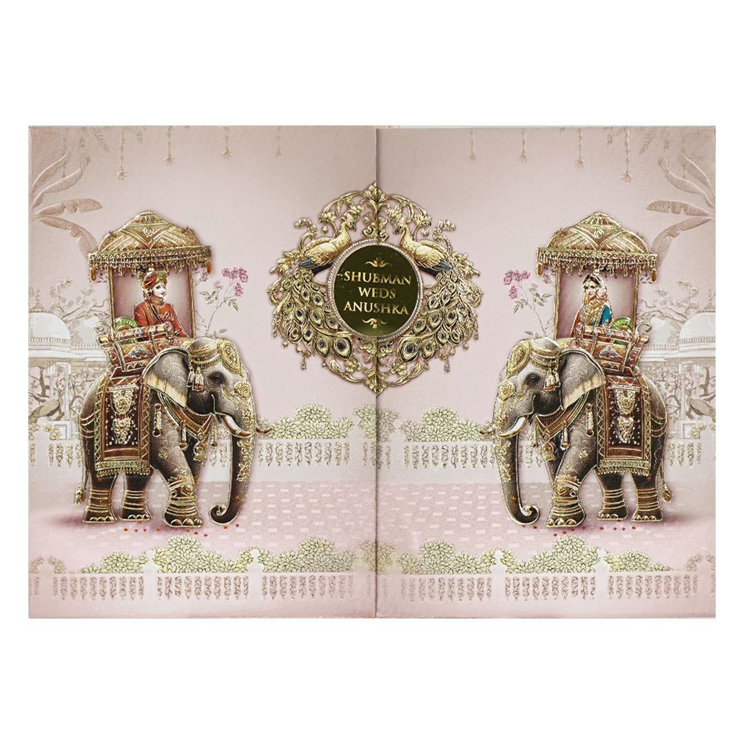 Pink Gold Elephant Theme Padded Wedding Card-KRB09210