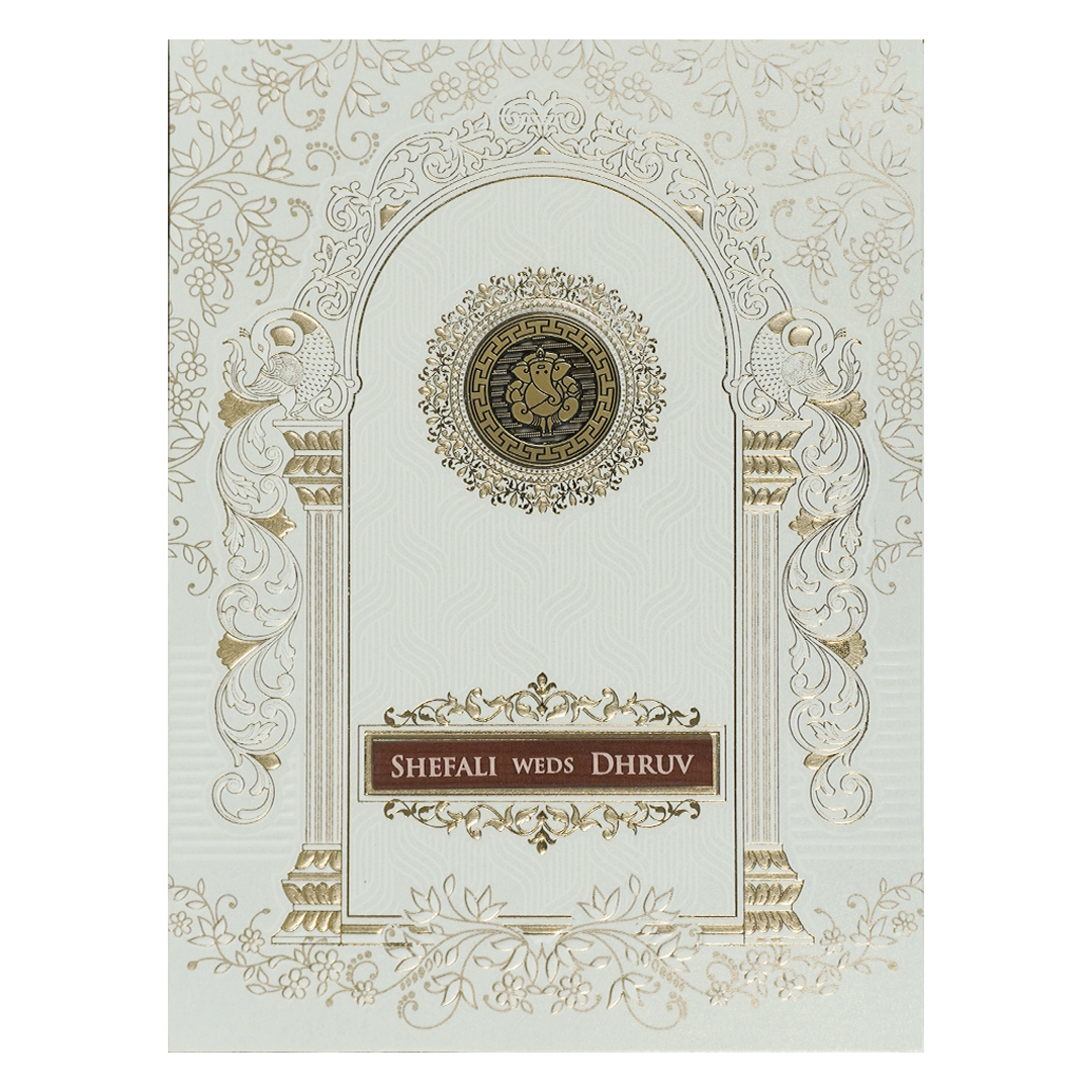 White Ganesha Arch Wedding Card-KRE28410