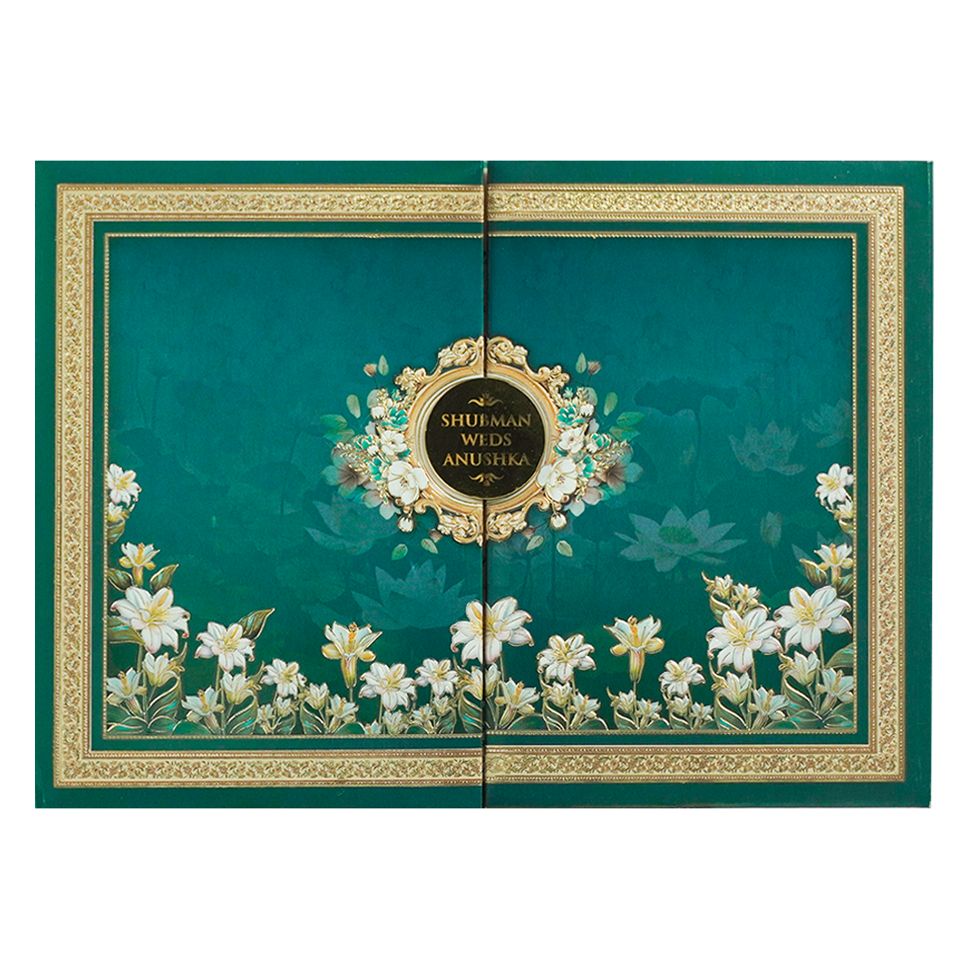 Emerald Blue Floral Padded Wedding Card-KRB09260