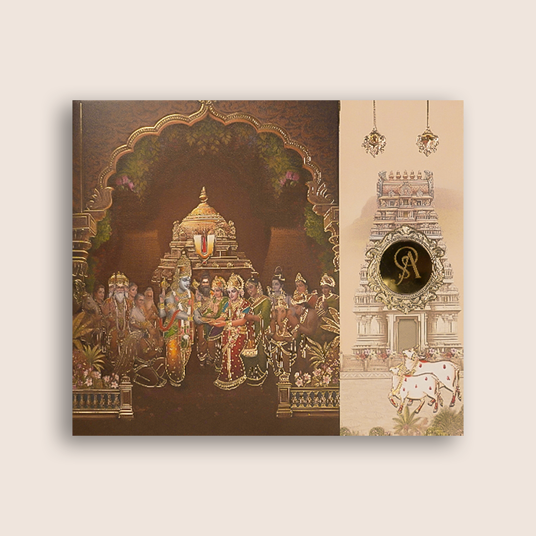 Brown Ram Sita Door Style Wedding Card - KNCR8911