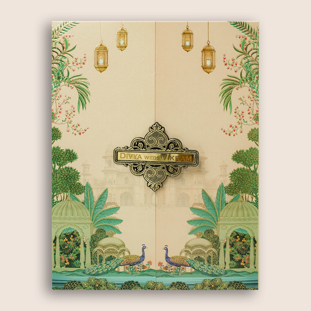 Pink Padded Peacock Palace Wedding Card-KNKN6320