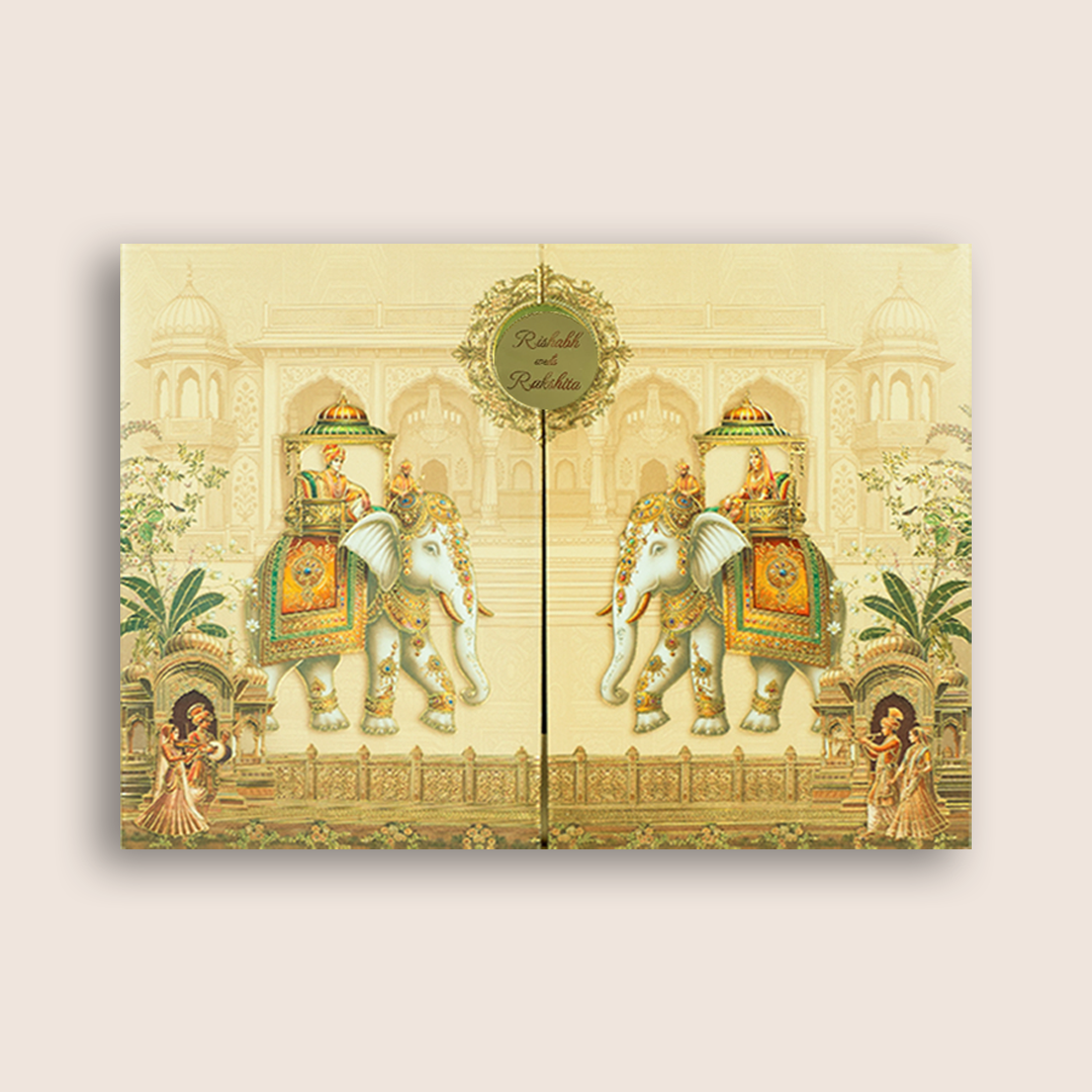 Cream Padded Elephant Door Style Wedding Card - KAA06060
