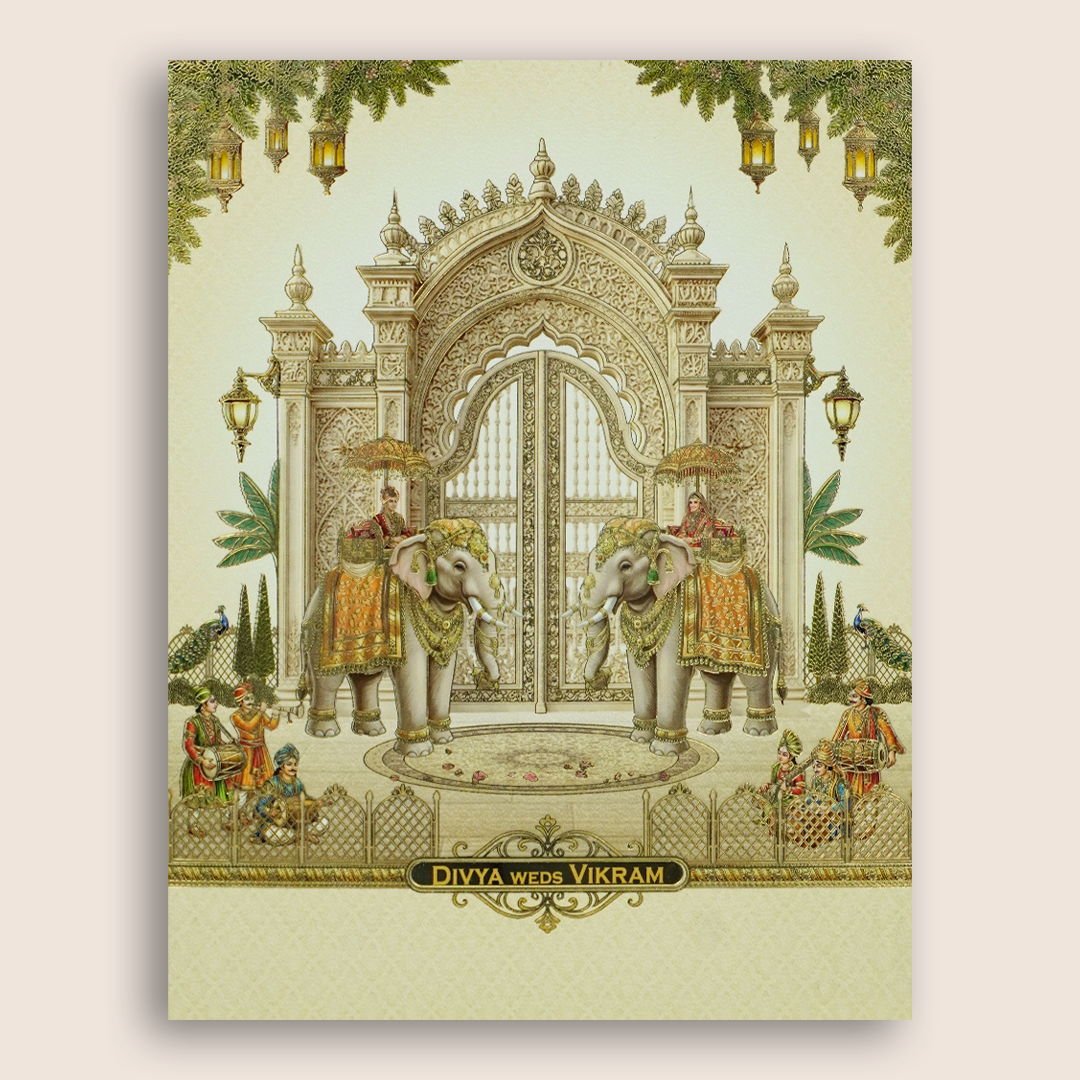 Cream Royal Palace Elephant Wedding Card - KNKN6321