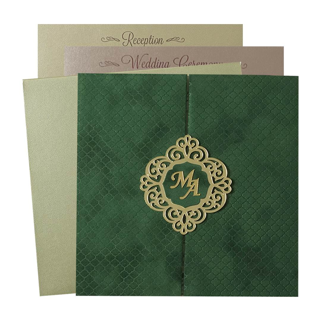 Green Floral Gatefold Padded Wedding Card-KMMWD1163