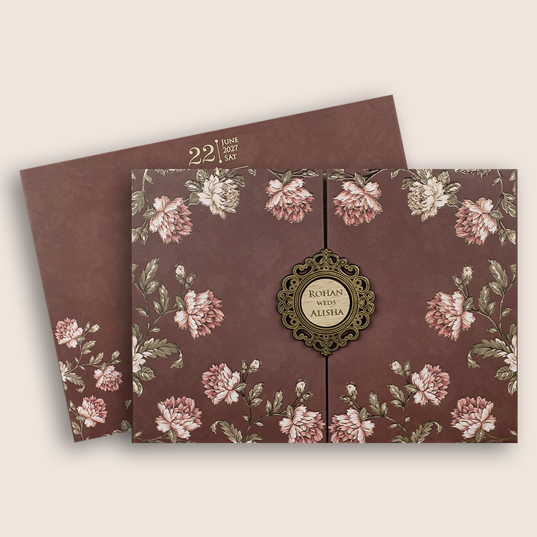 Maroon Floral Door Style Padded Wedding Card - KFR17350