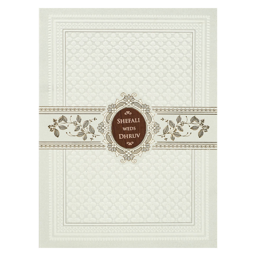 White Embossed Wooden Medallion Wedding Card-KRE28460