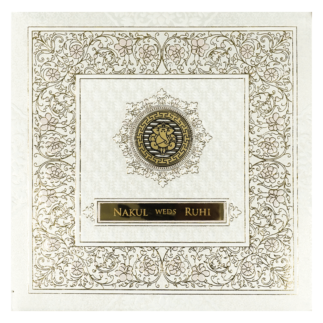 White Pastel Floral Border Padded Wedding card-KRE28300