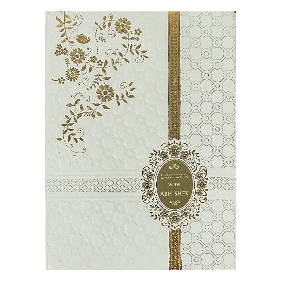 White Floral Geometric Gold Medallion Padded Wedding Card-KRE26340