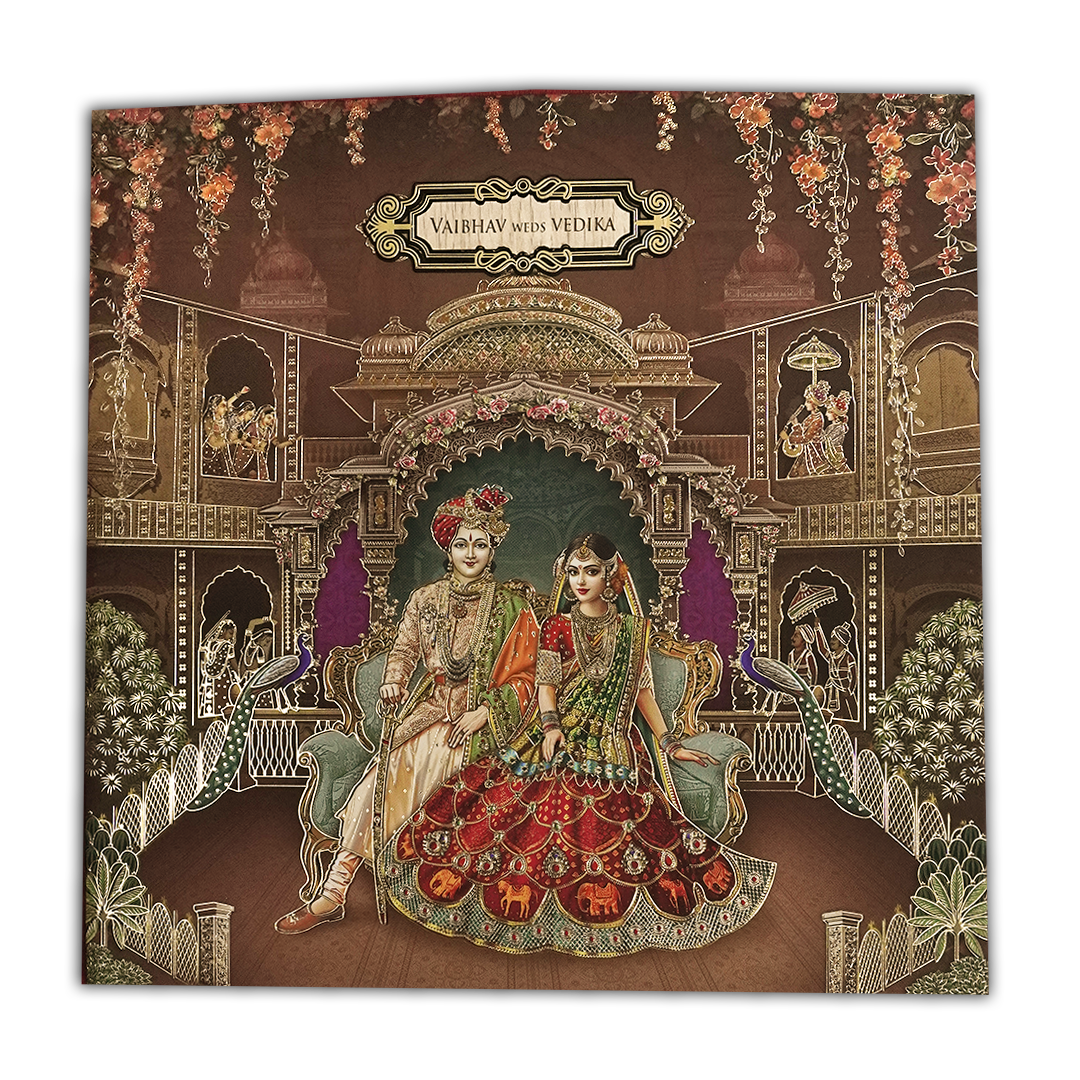 Brown Royal Couple Palace Padded Wedding Card-KSH72630