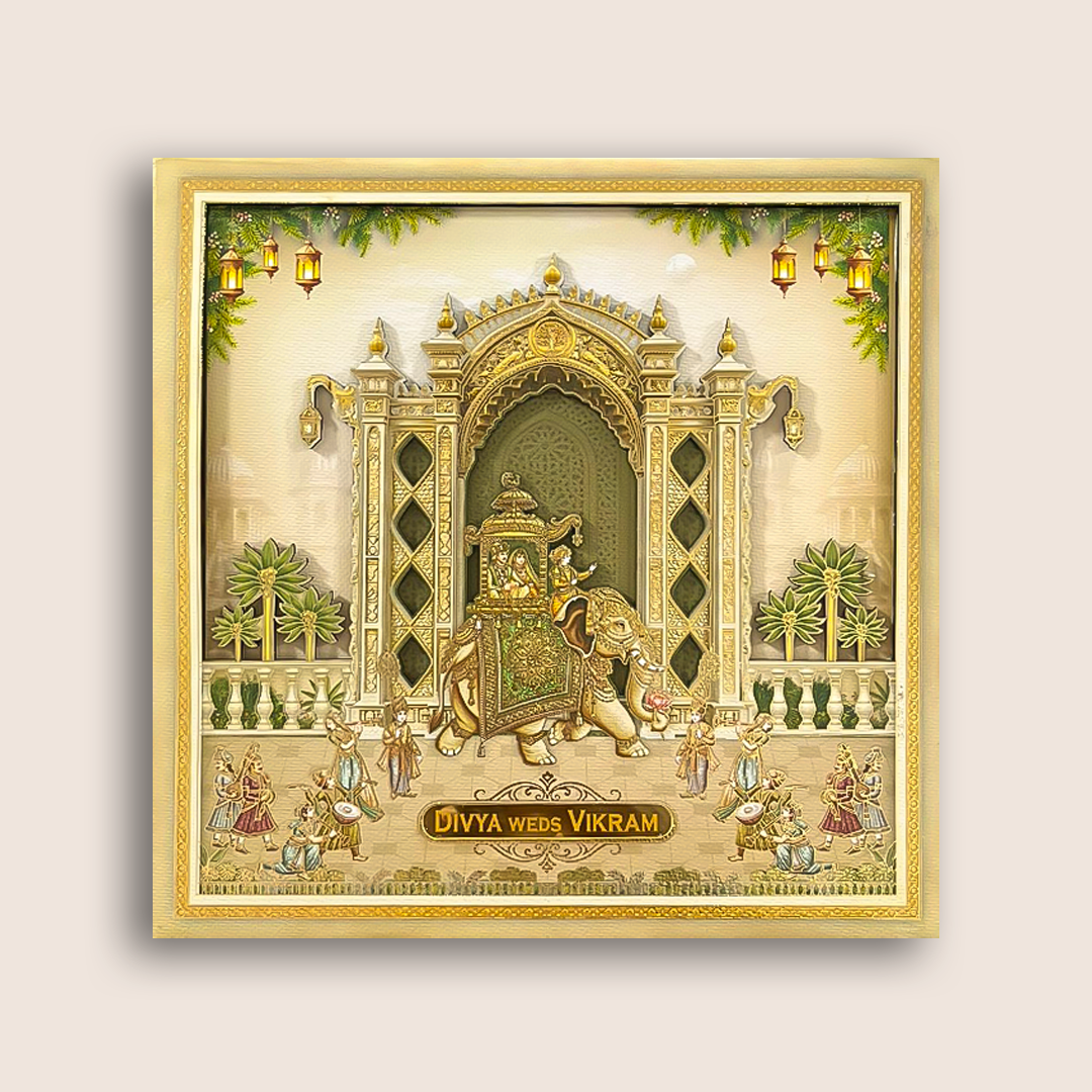 Beige Palace Elephant Padded Wedding Card - KNAM4905